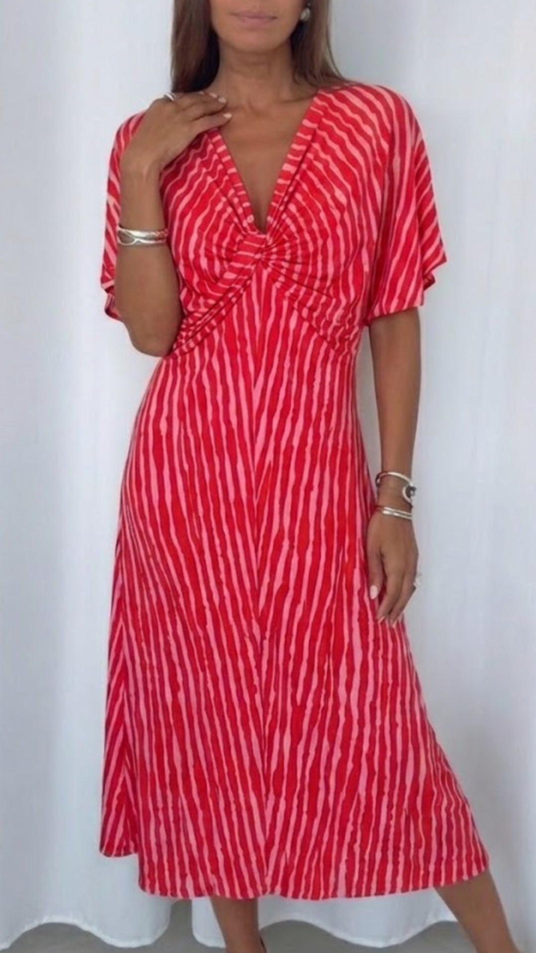 MAXI Kleid mit Knoteldetail / rot - rosa Art.15619