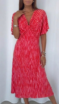MAXI Kleid mit Knoteldetail / rot - rosa Art.15619