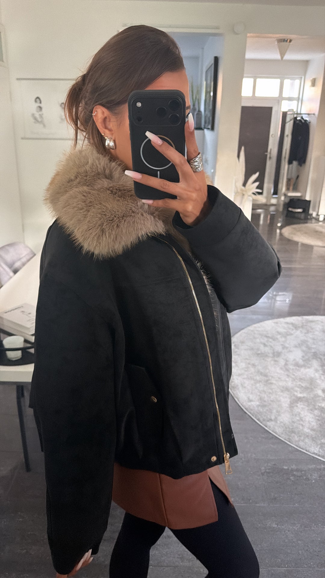 Kunstfell Jacke in matter Lederoptik / schwarz Art.16387
