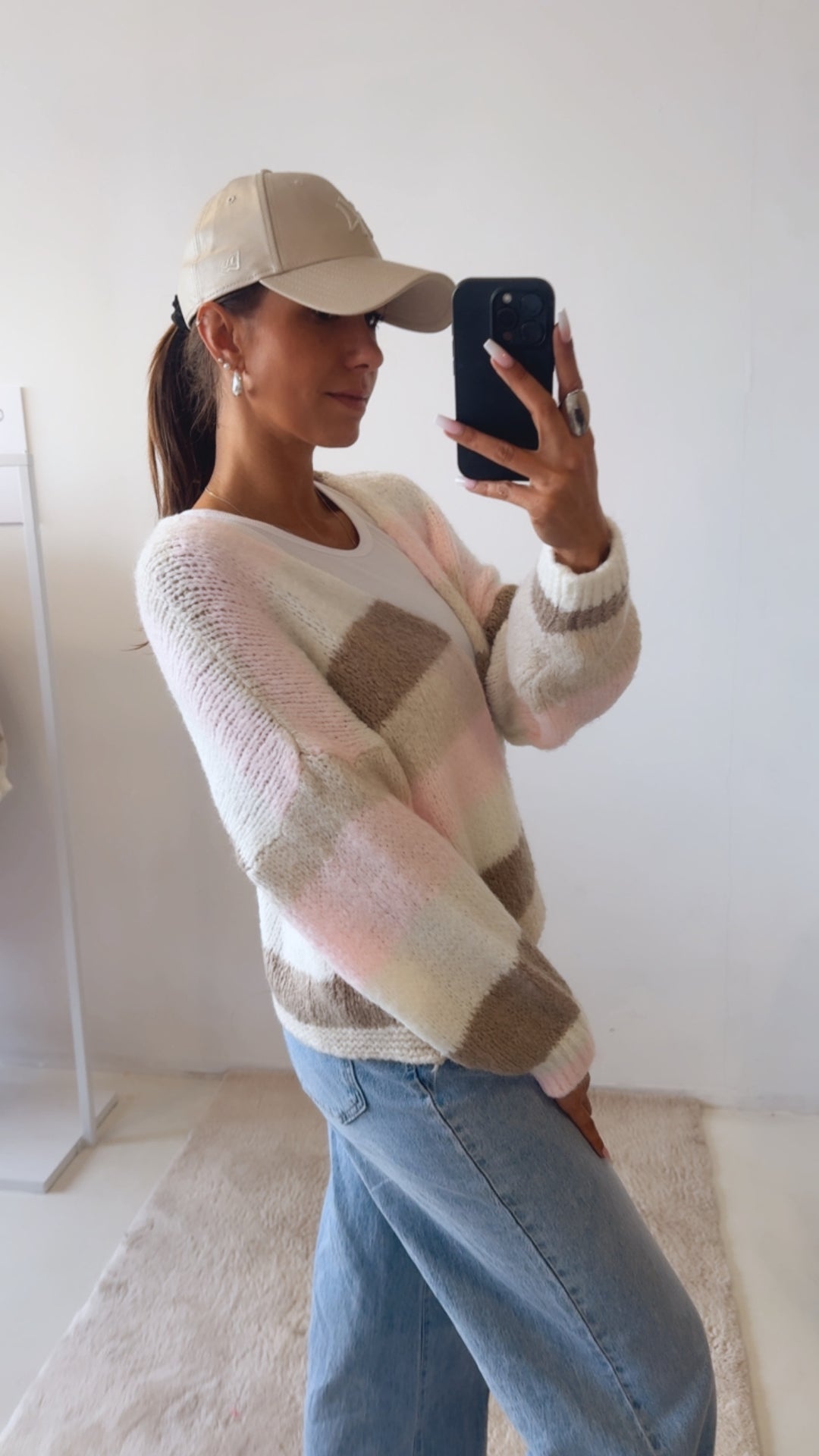 Offener Pastell Streifen Cardigan / woll weiß - rosa - beige - taupe Art. 14524