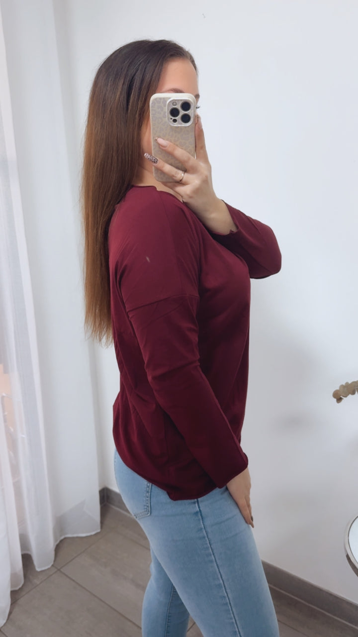 Baumwoll Basic Langarm Oberteil / bordeaux rot Art. 14248