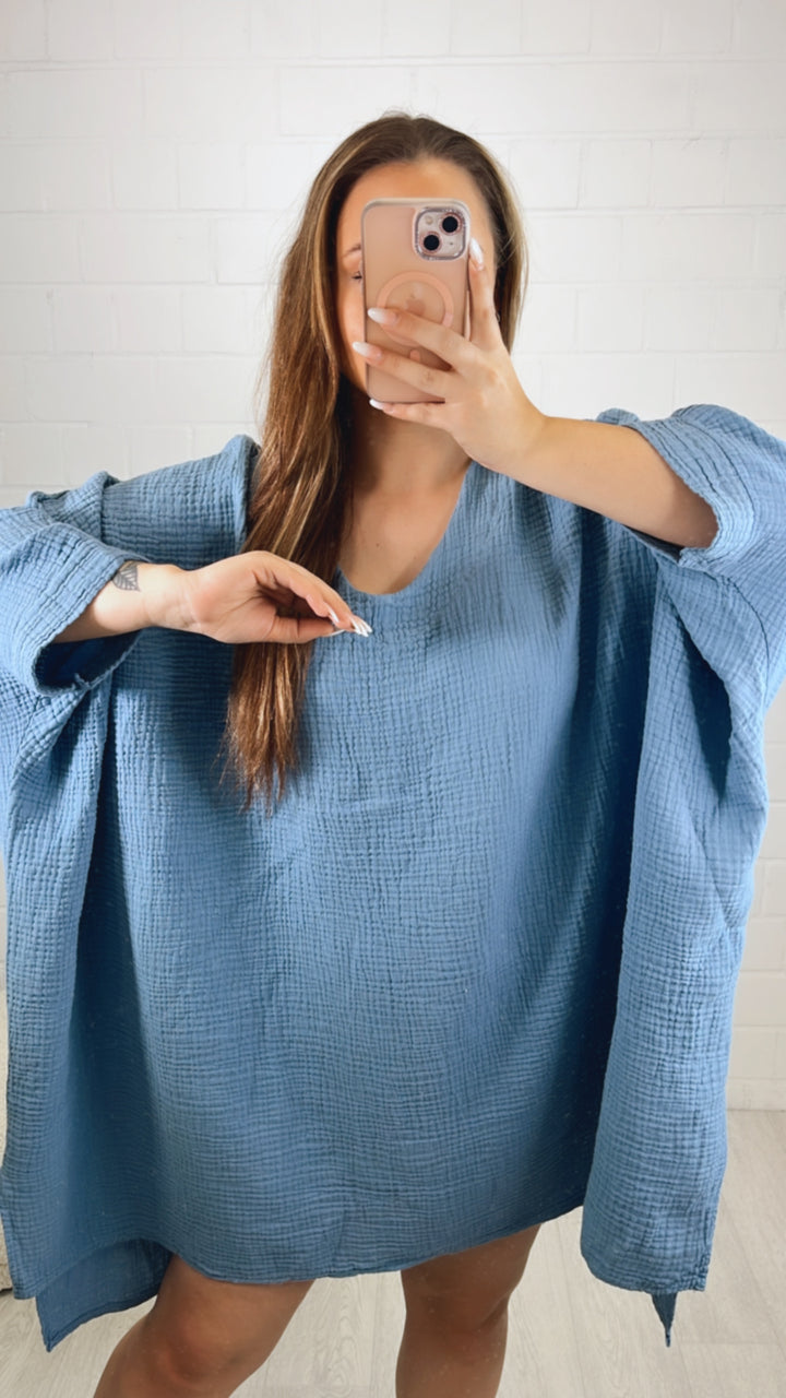 Musselin Ultra Vokuhila Long Bluse / denim blau Art. 10077