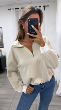 Half - Zip Sweater mit Kontraststreifen / beige - weiss Art. 16190