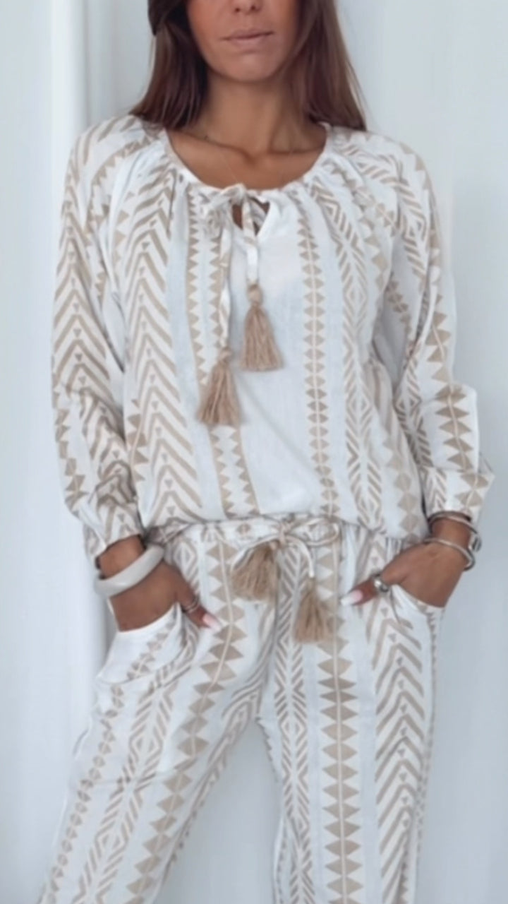 PREMIUM Summer Vibe Bluse mit Kordeln / weiss - beige Art.14586