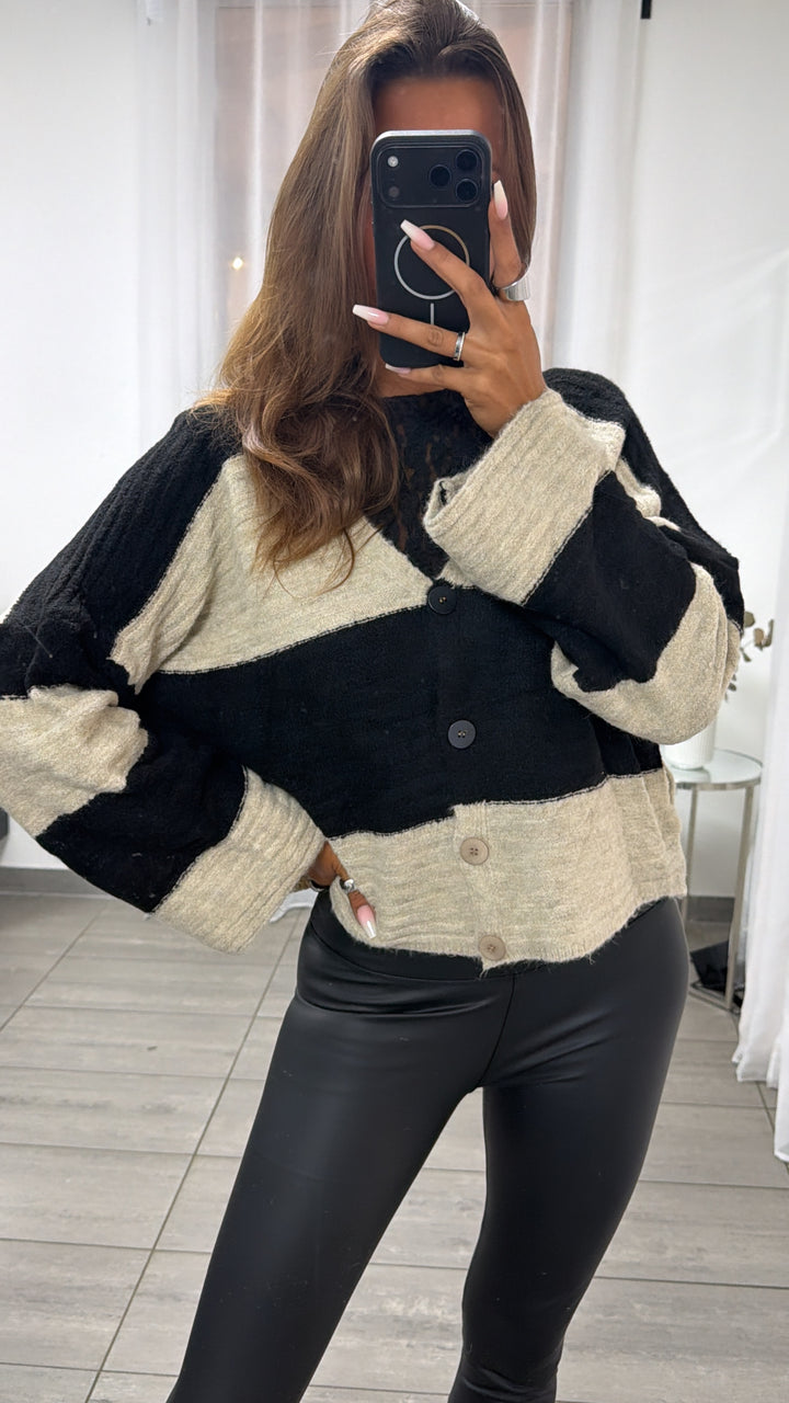 Breite Streifen Oversize Cardigan / schwarz - beige Art.16315