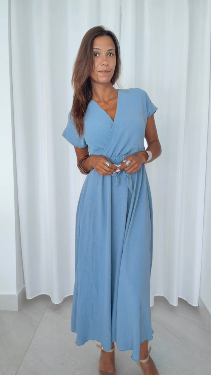 Maxi Kleid zum Binden, Wickeloptik / denim blau Art. 15368