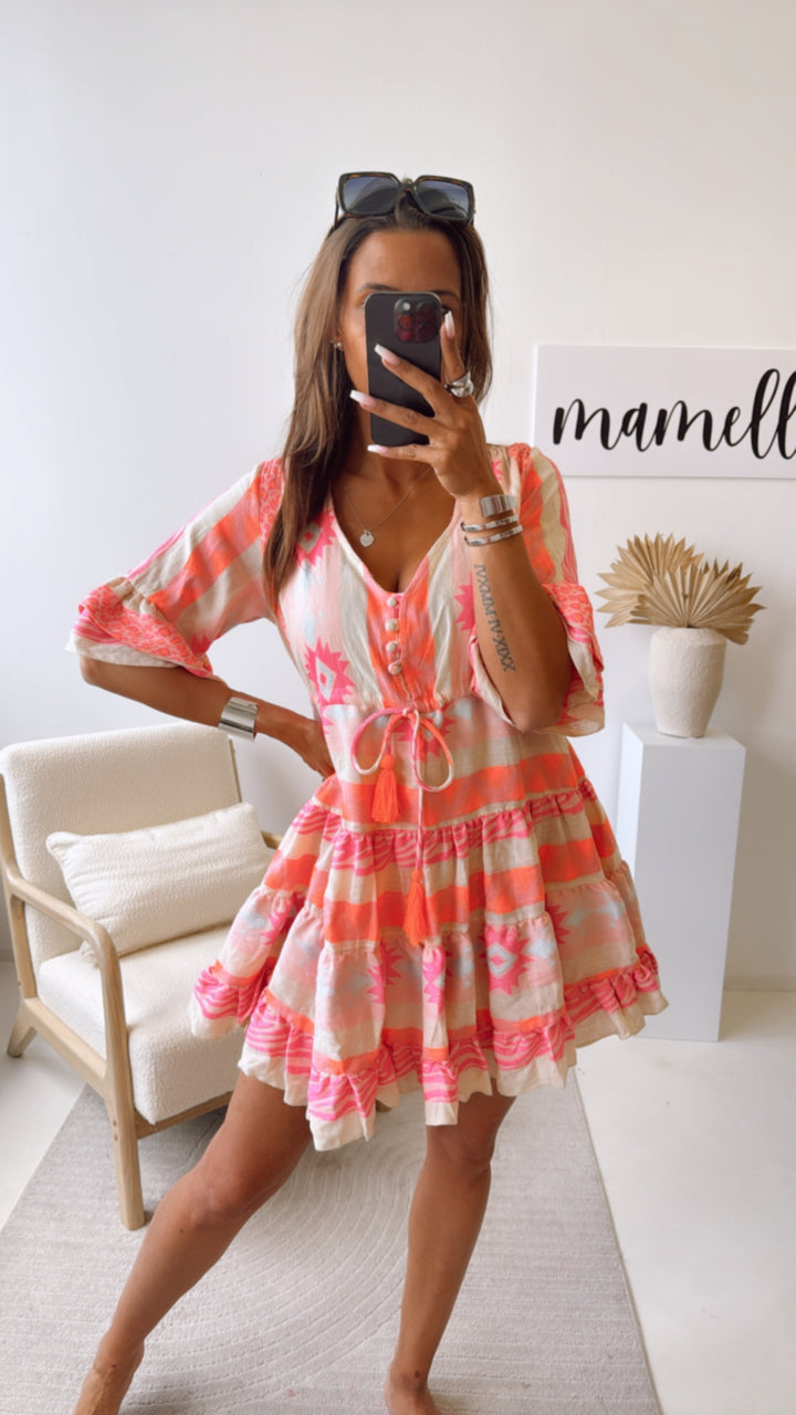 KURZES PREMIUM Tunika Kleid mit Muster / beige - pink - orange - hell blau Art. 9816