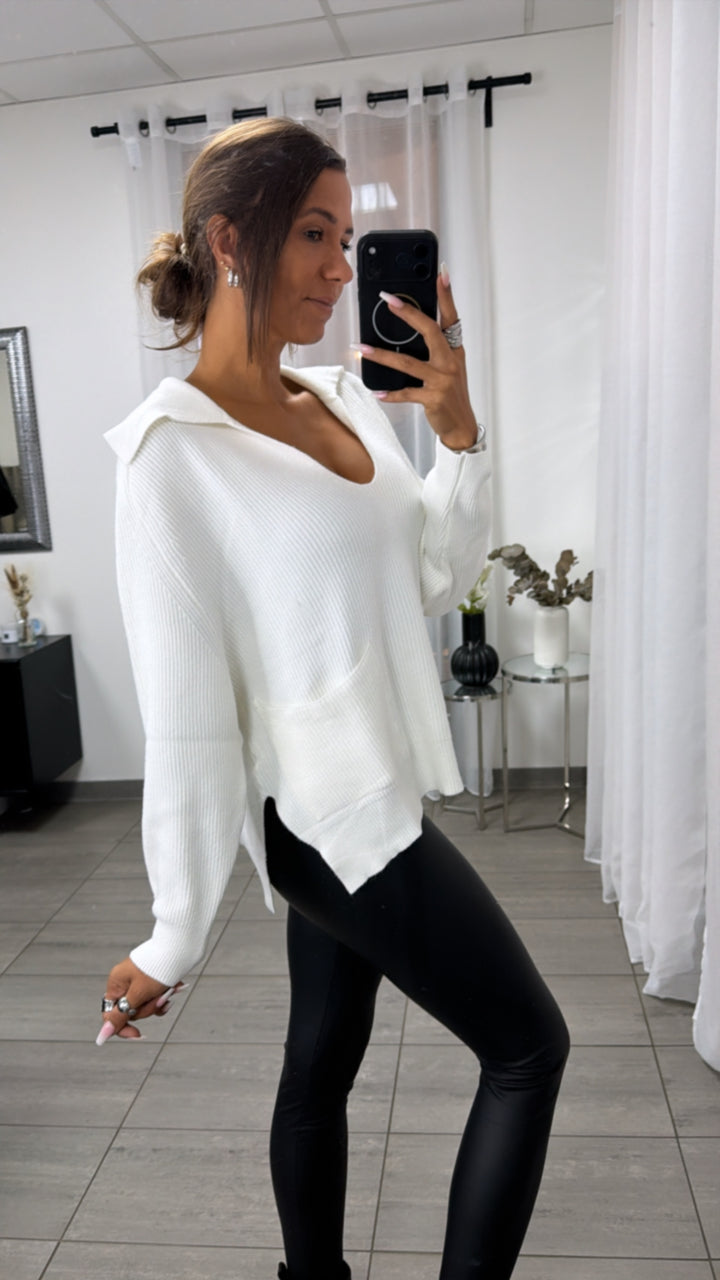 Strick Pullover mit tiefem Ausschnitt und Kragen / weiß Art.16370