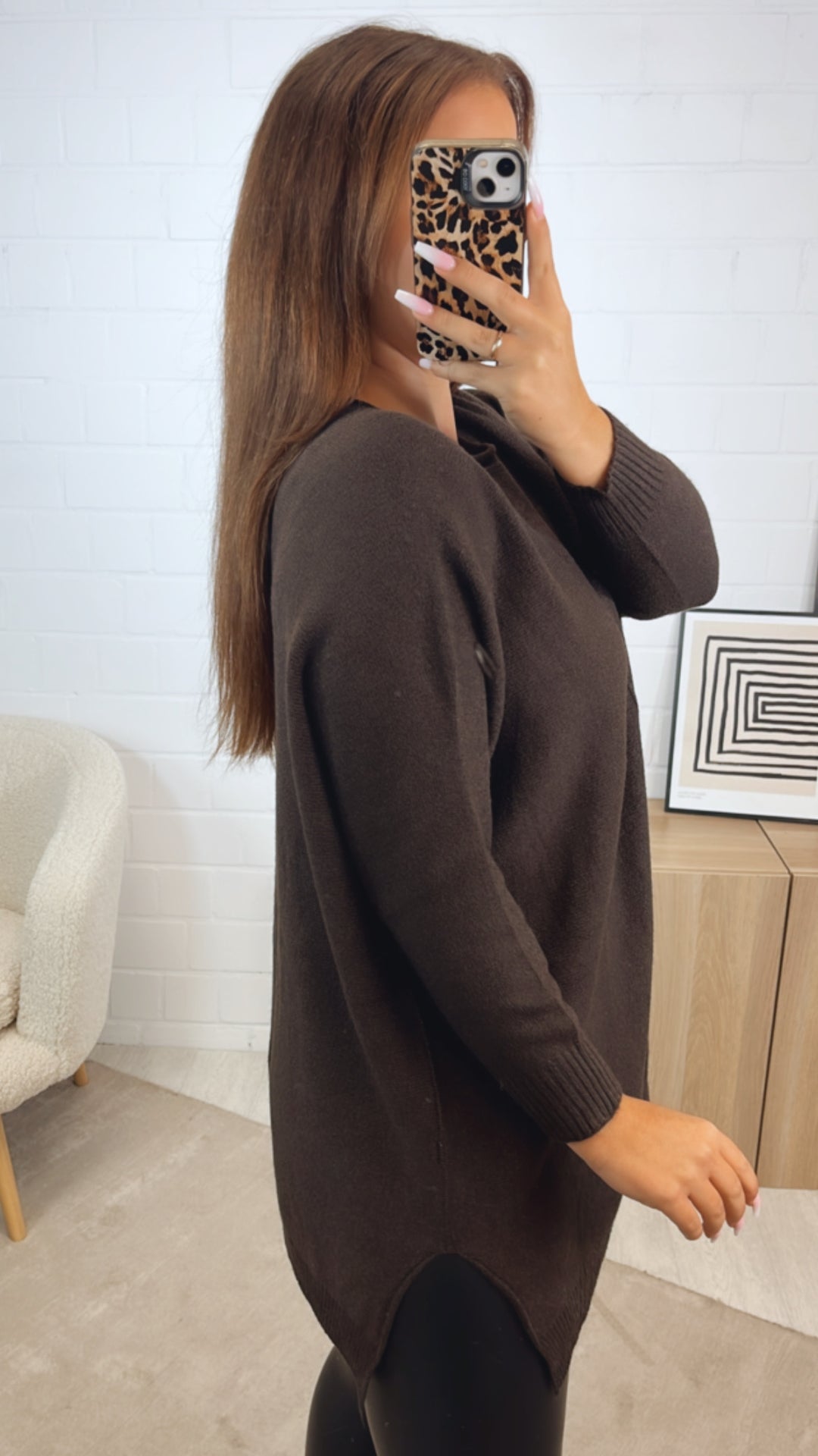 Long Pullover mit mittiger Ziernaht / dunkel braun Art. 12384