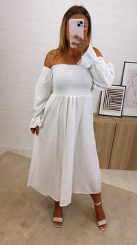 (Midi-) off - shoulder Musselin Kleid / weiss Art. 10865