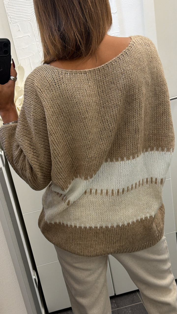 Wollfreier Blockstreifen Pullover / beige  - weiß - creme Art.16563