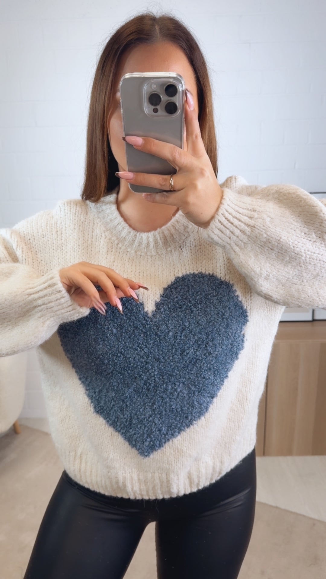 Strick Pullover mit Teddy Herz / creme - denim blau Art. 13085