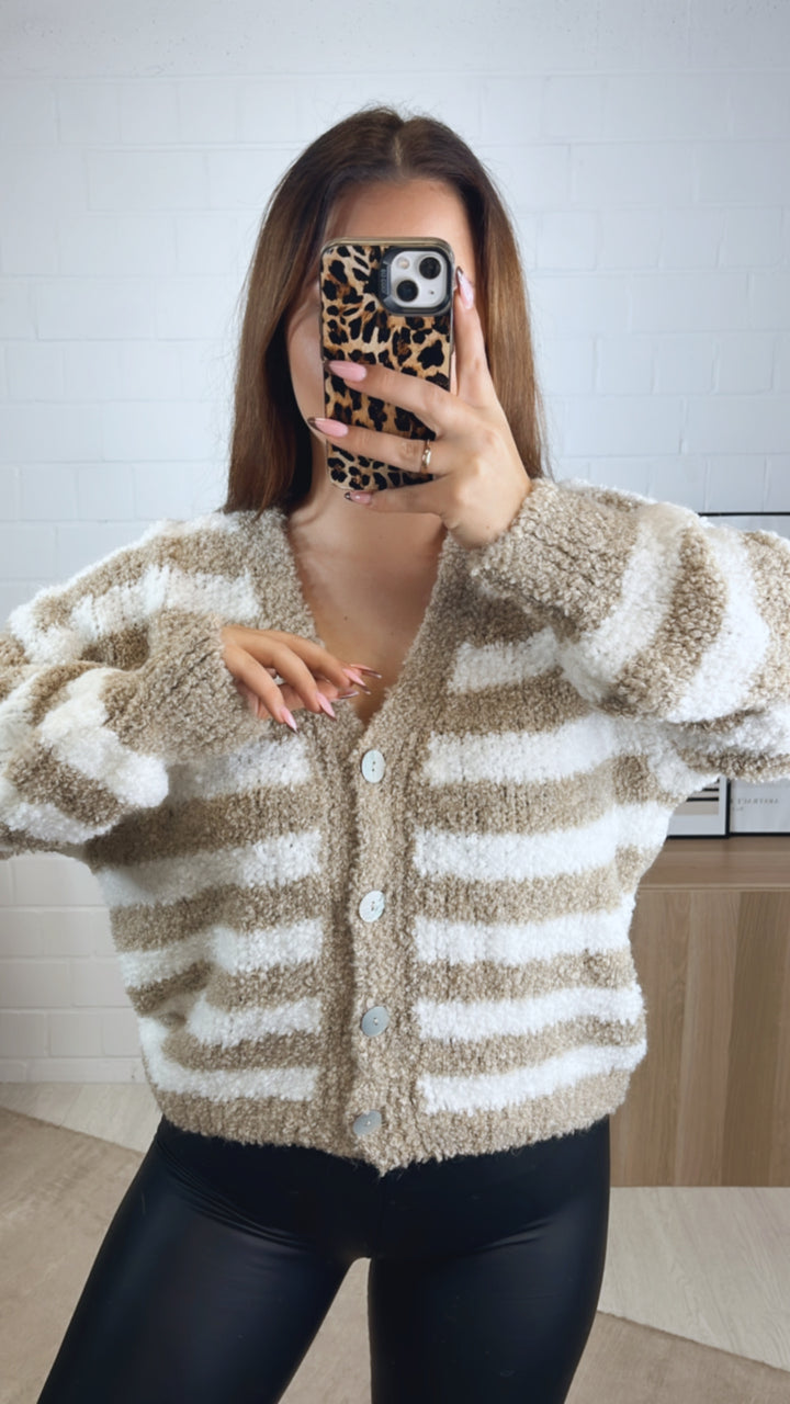 TEDDY STREIFEN Cardigan mit Perlmutt Knöpfen / beige - weiß Art. 12969
