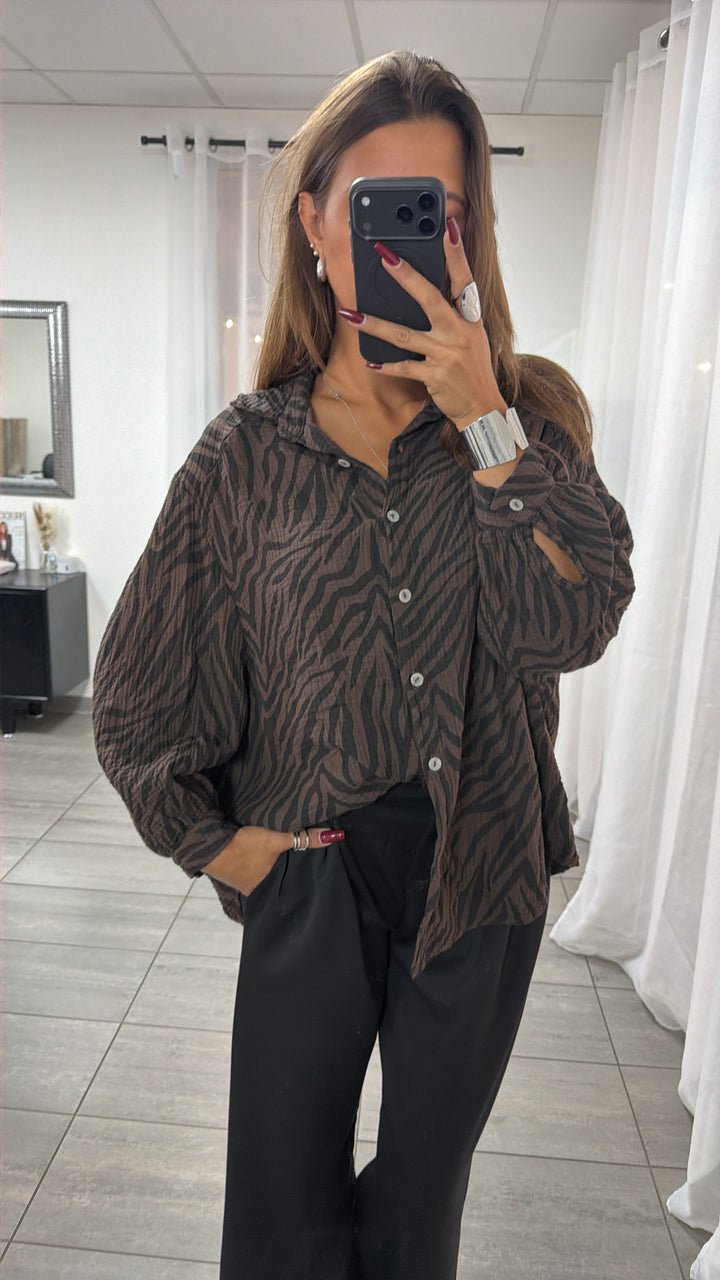 ZEBRA KURZE Oversize Musselin Bluse / braun - schwarz Art. 16461