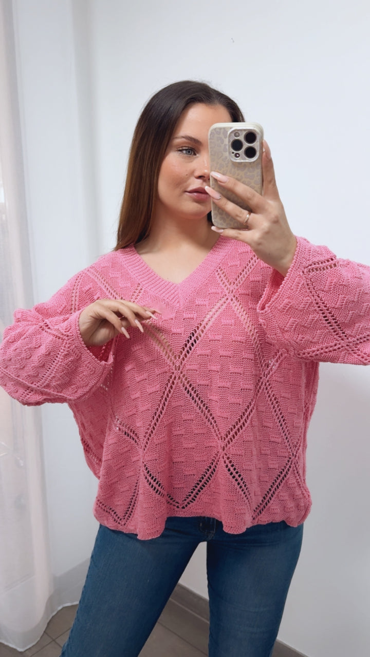 Lochmuster Pullover mit V-Ausschnitt / pink Art. 14485