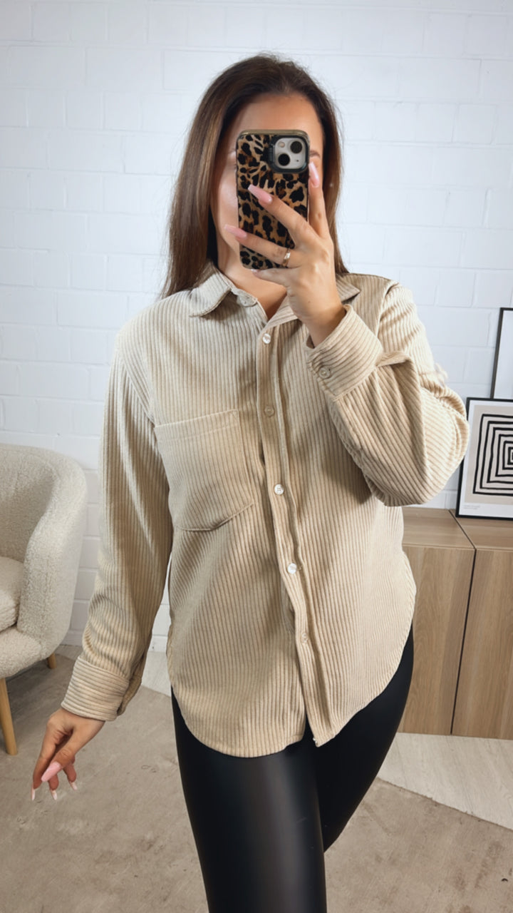 Bluse im Cord Look mit Brusttasche / beige Art. 12707