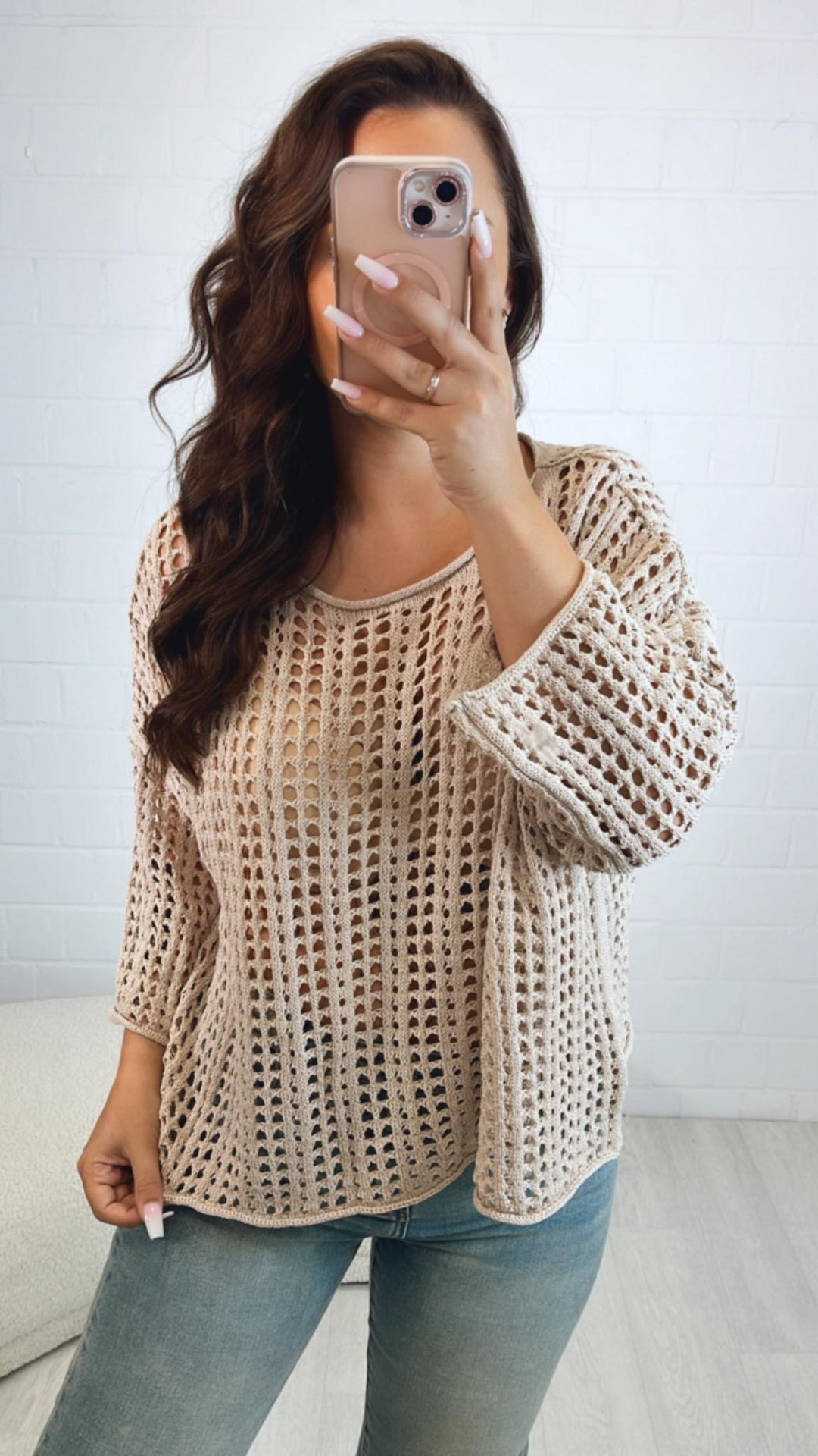 kurzer Häkel Pullover, Lochmuster / light Camel Art. 10519
