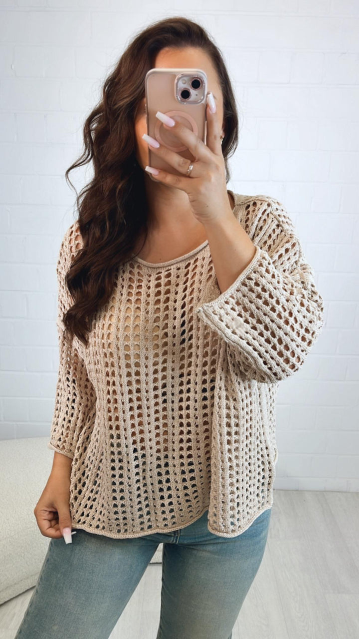 kurzer Häkel Pullover, Lochmuster / light Camel Art. 10519
