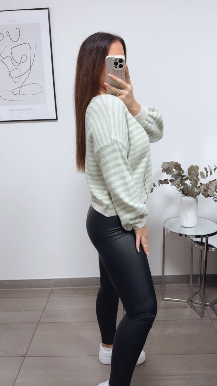 gestreifter Cardigan, Perlmutt Optik Knöpfe / mint - wollweiss Art. 13346