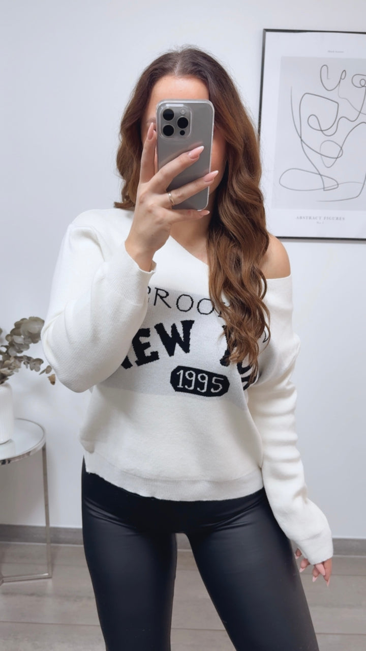 weicher Strick Pullover " New York " / creme weiss - schwarz Art. 13142