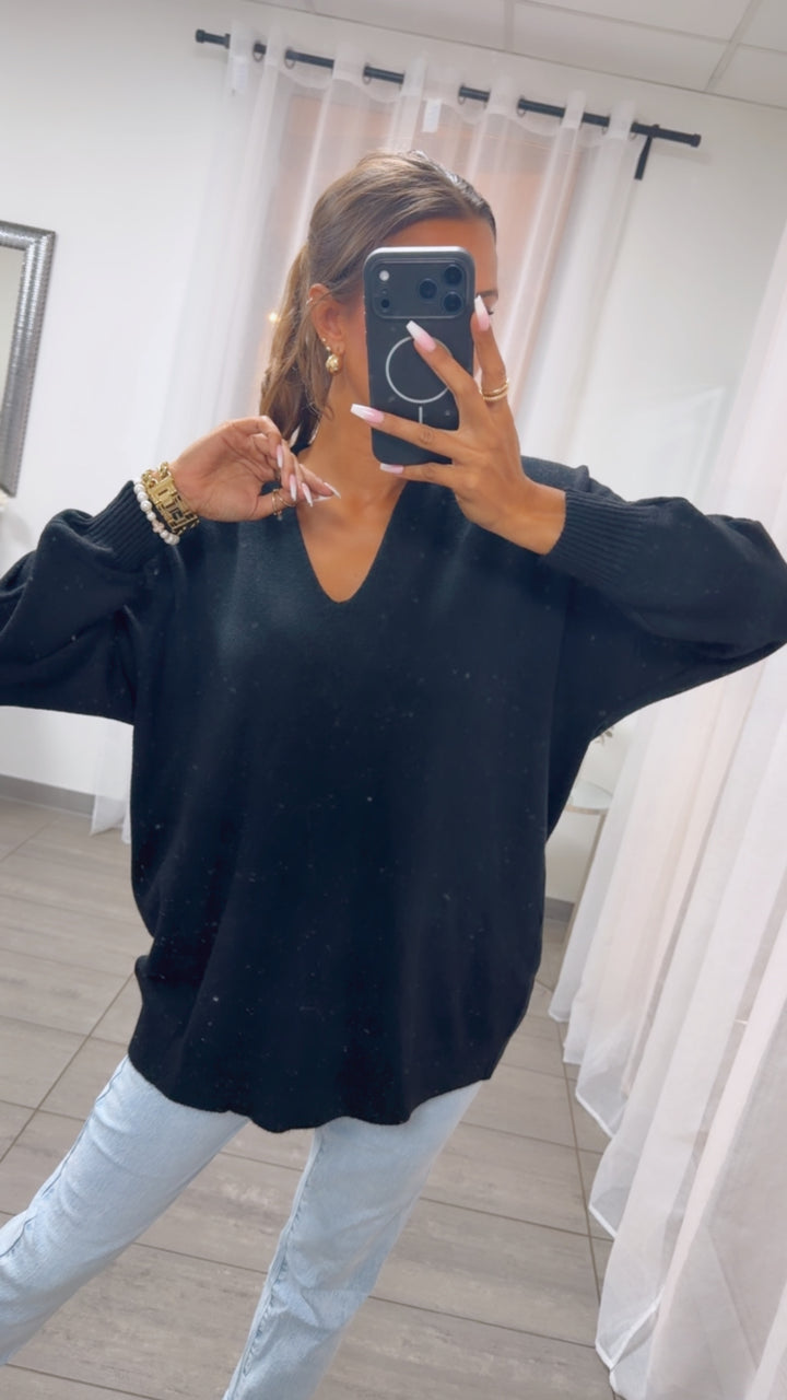 Viskose Mix Pullover mit V-Ausschnitt / schwarz Art. 16234