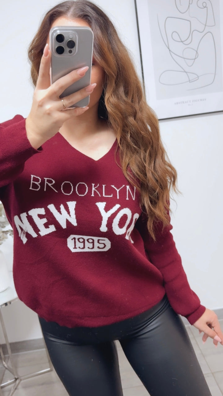 weicher Strick Pullover " New York " / bordeaux rot - weiss Art. 13146