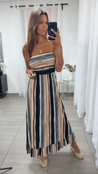 längeres Bandeau Kleid, gestreift / schwarz - grau - beige - creme Art. 15337