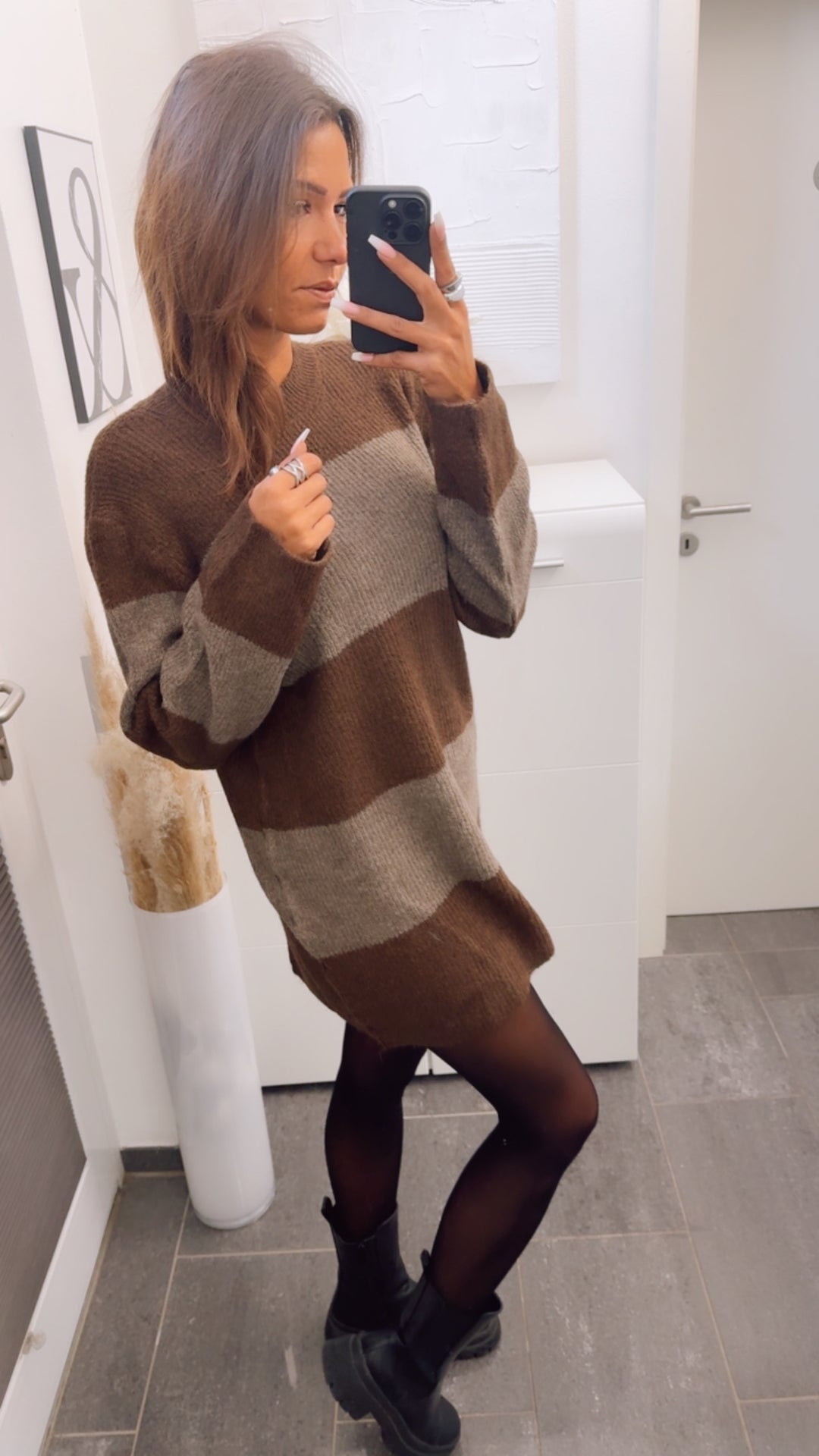 STREIFEN Long Pullover / Strick Kleid schoko braun - braun meliert Art. 12945