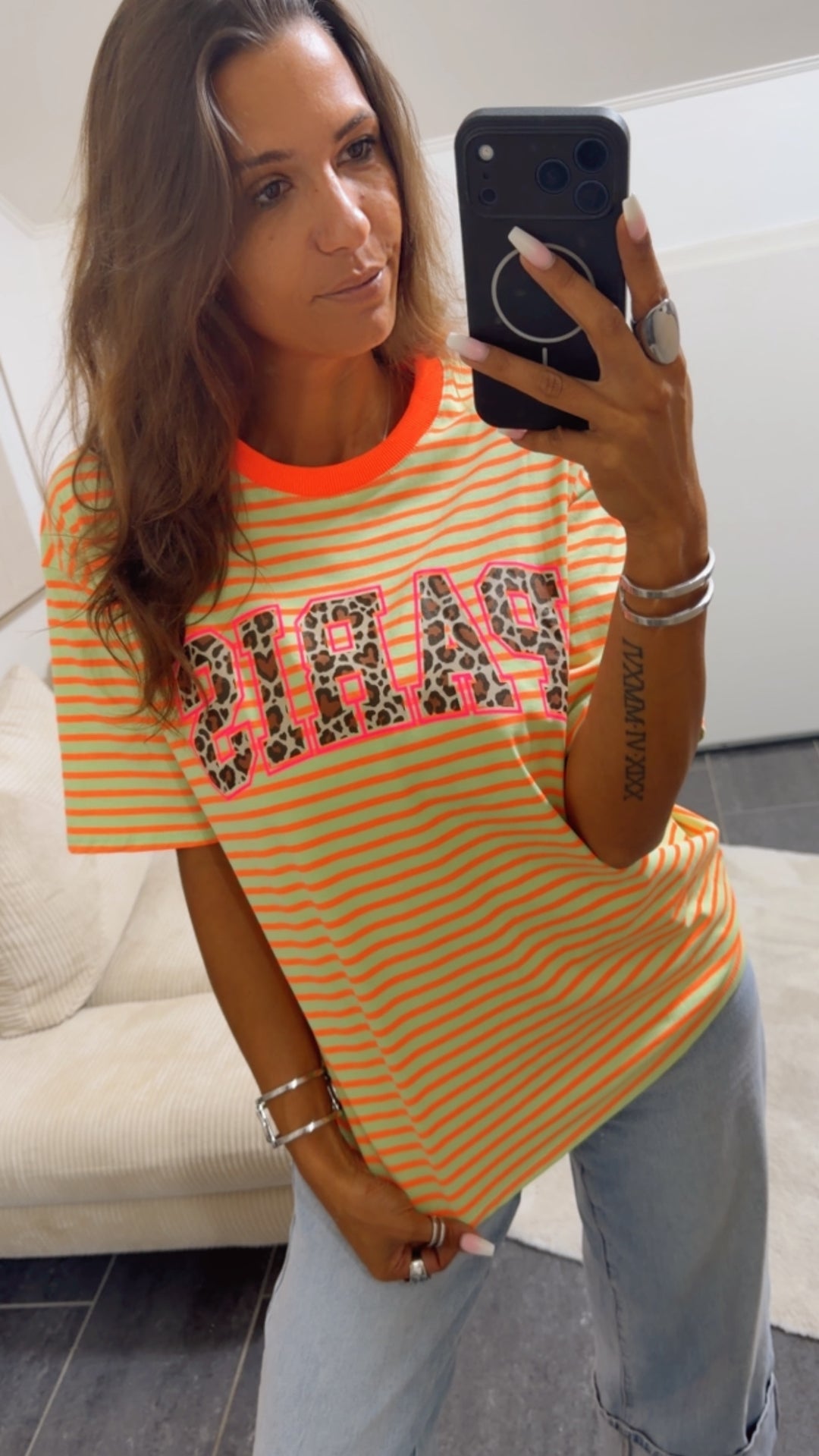 STREIFEN Shirt " Leo PARIS " / soft grün - orange Art. 15466