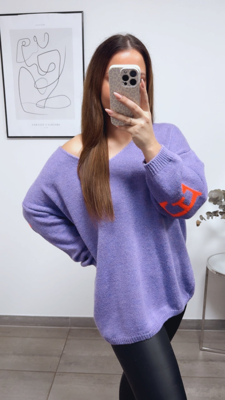 Strick Pullover "Namaste" / Flieder - Neon orange Art. 13336