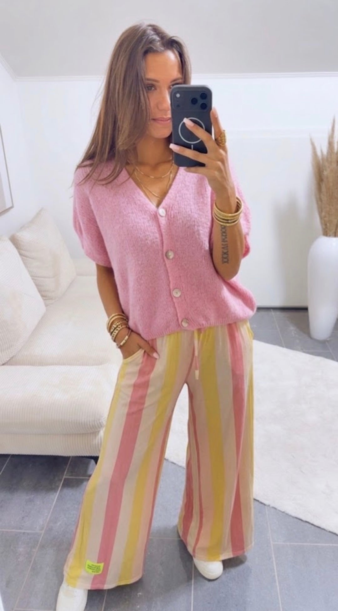 Softe STRIFEN Stoff Hose / creme - pink - gelb Art. 15395