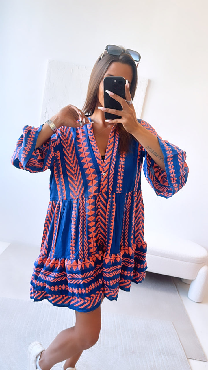 Tunika Kleid mit ausgefallenem Muster, eckige Formen / royal blau - kräftiges orange Art. 6707