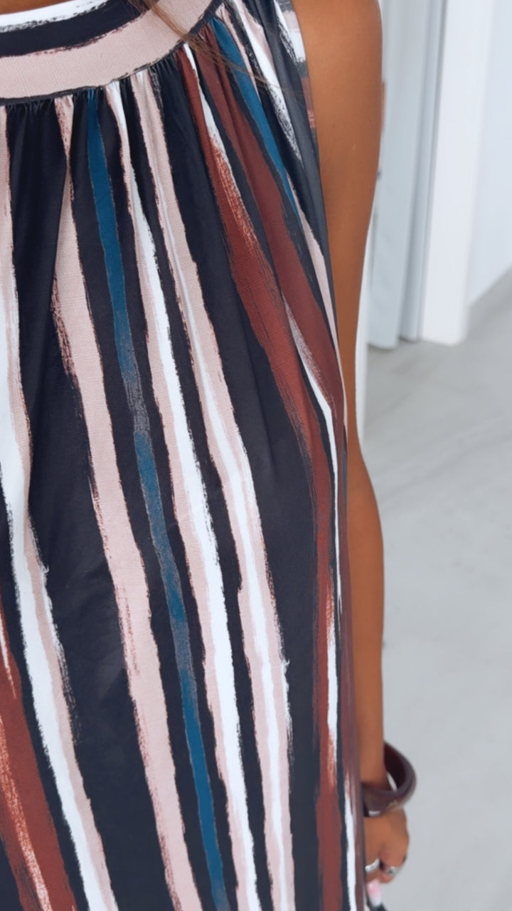 LINIEN Maxi A-Linien Kleid, Neckholder / blau - schwarz - beige - braun Art. 15992