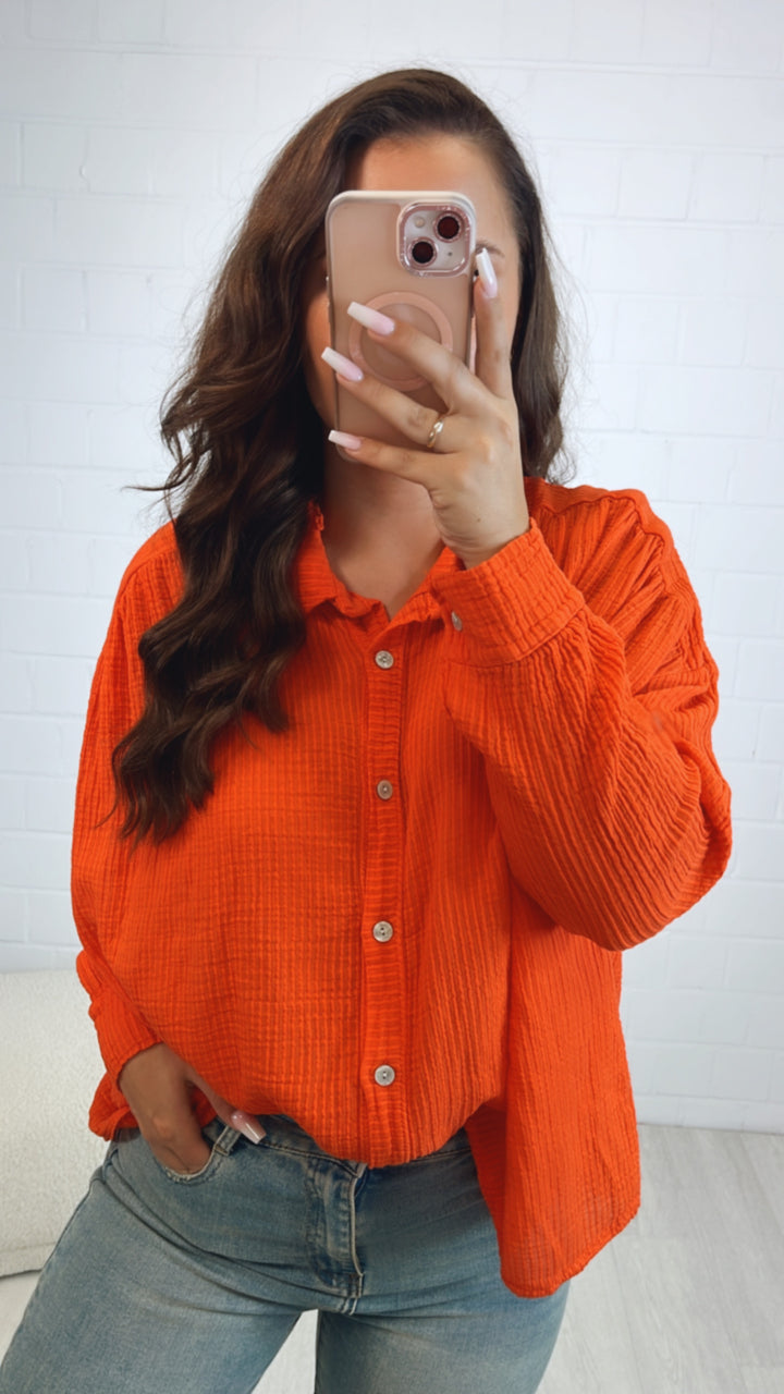 ausgefallene Baumwoll Bluse, Ripp Optik / intensives orange Art. 10590