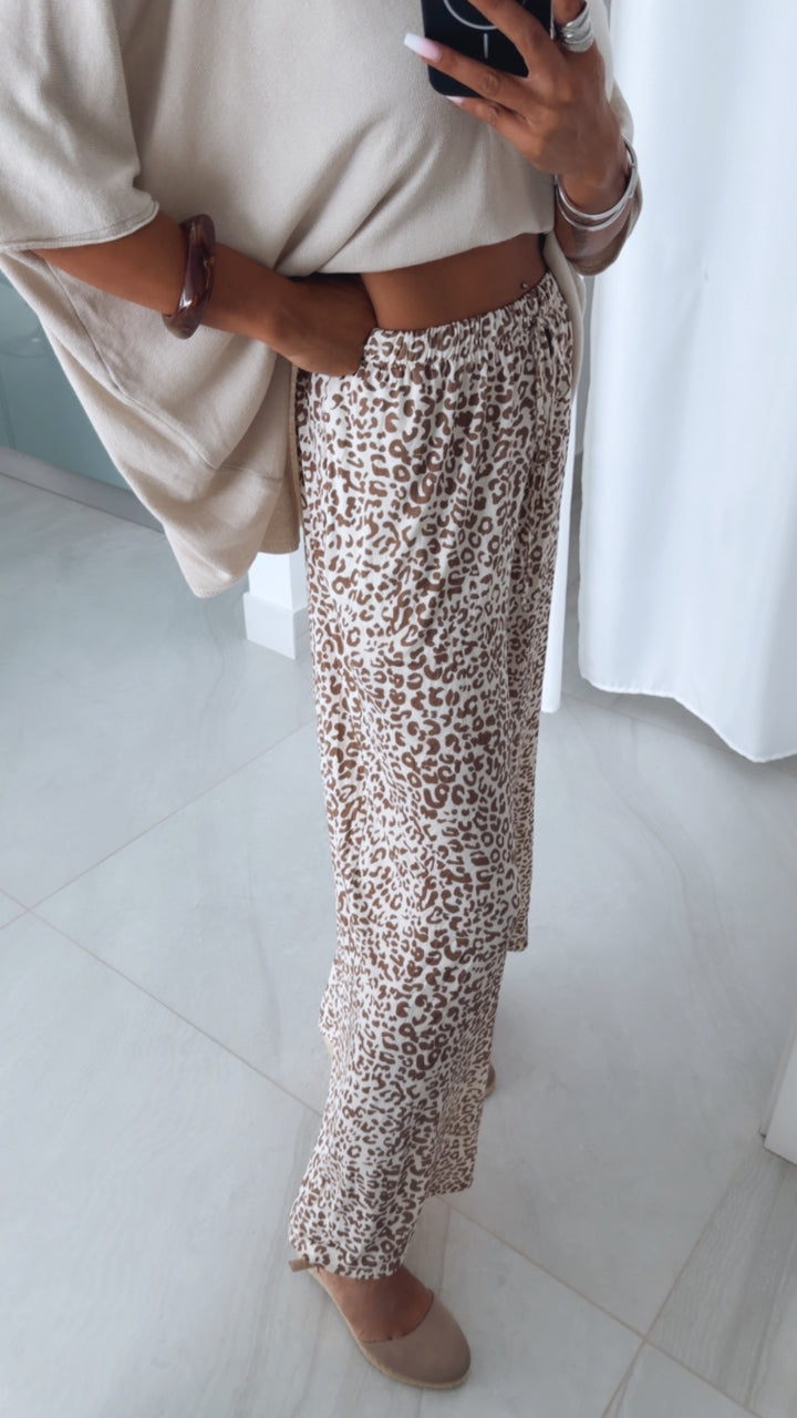 Softe Leo Stoff Hose KLEINES MUSTER / Creme - taupe Art. 15922