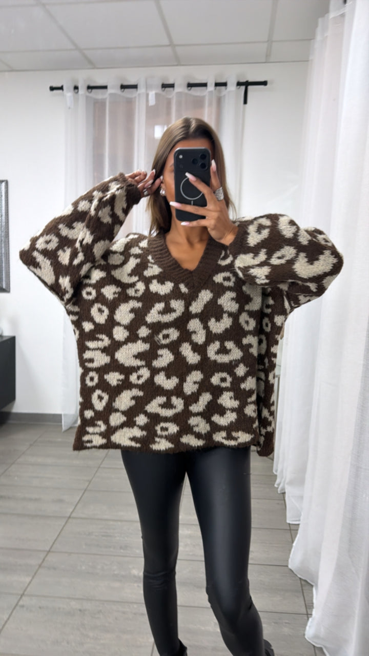 V-AUSSCHNITT LEO Oversize Kuschel - Pullover / Schoko braun - beige Art. 13063