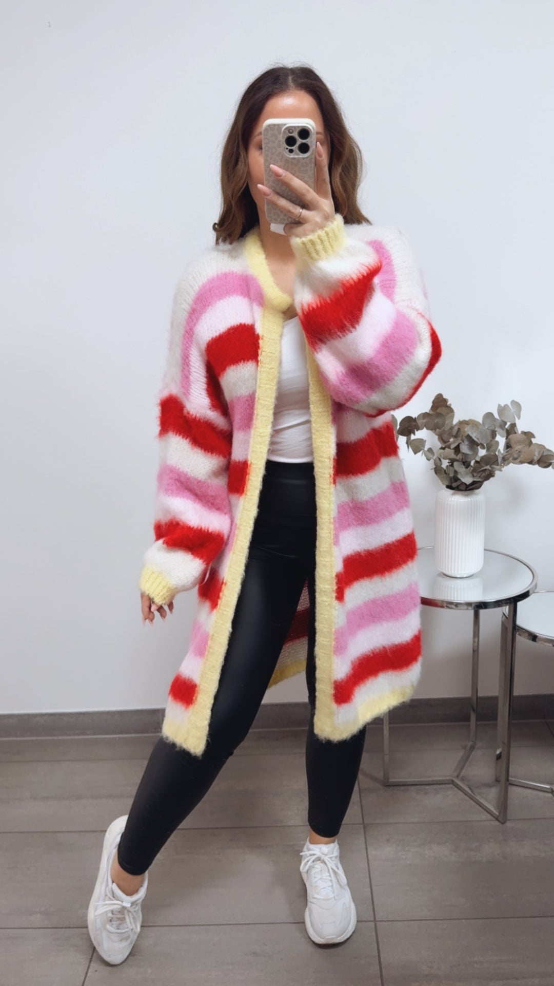 STREIFEN flauschiger, offener Cardigan / soft gelb - creme - pink - rosa - rot Art. 13571