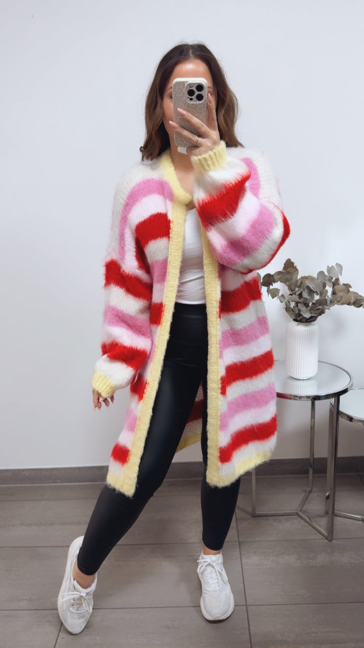 STREIFEN flauschiger, offener Cardigan / soft gelb - creme - pink - rosa - rot Art. 13571