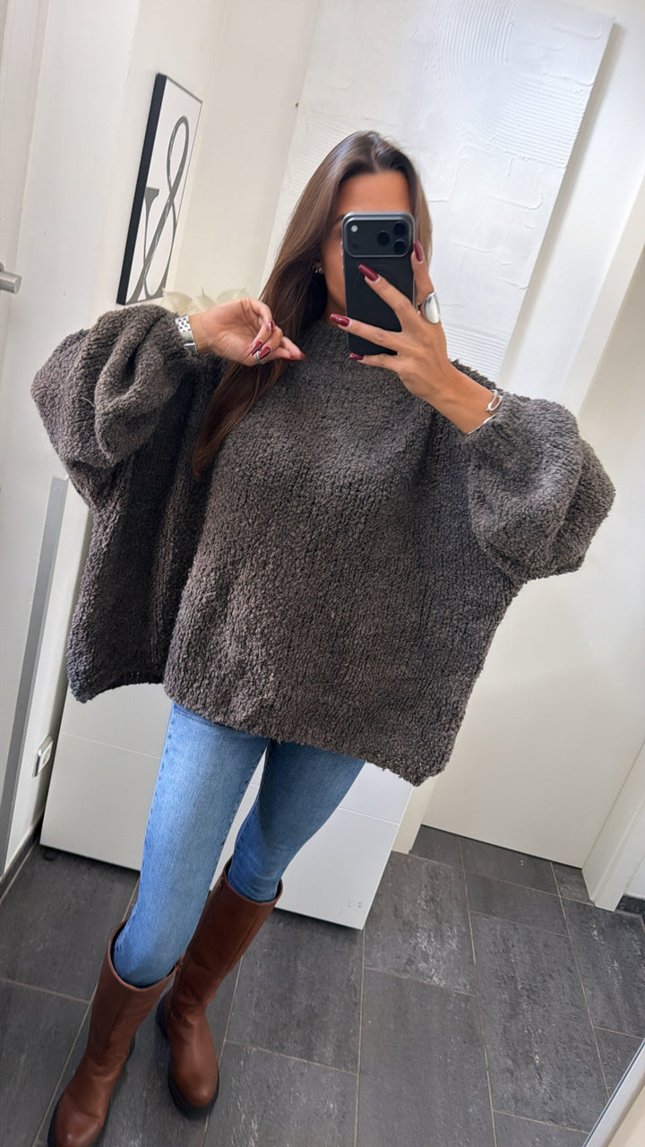 Boucle Oversize Kuschel - Pullover / dunkles taupe meliert Art. 16534