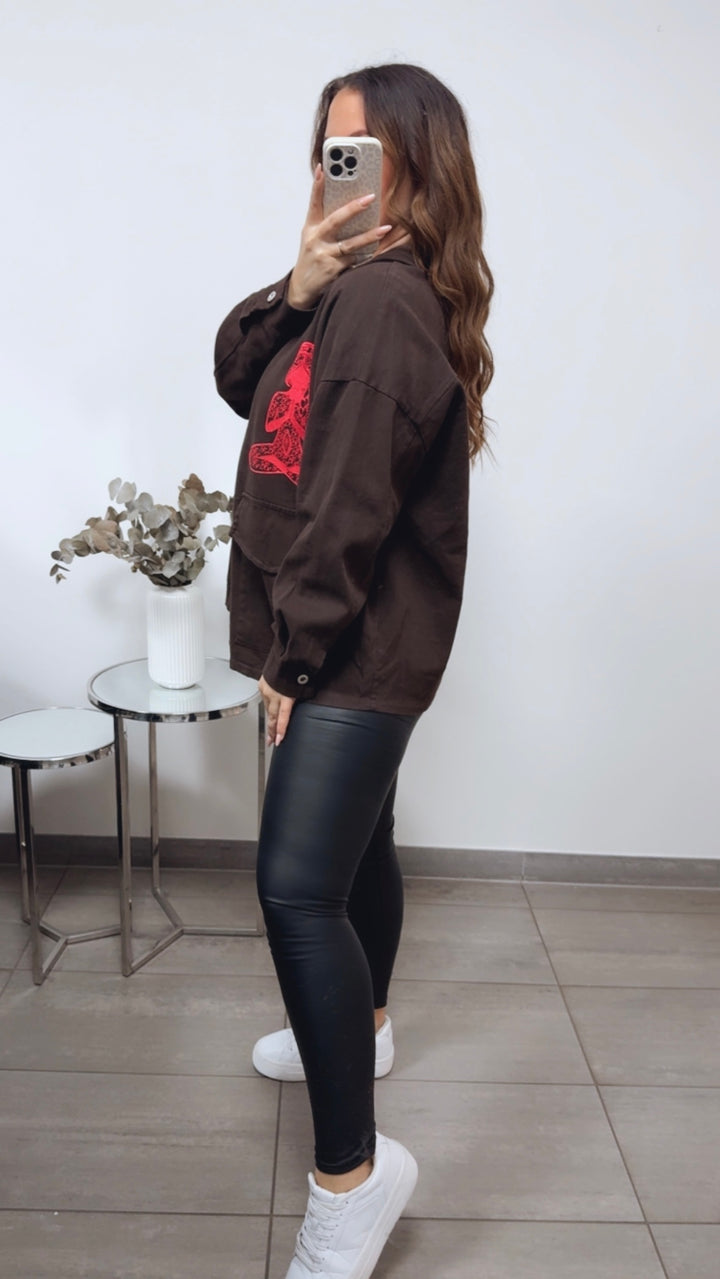 Jeans Hemd Jacke " Be Lieve " / schoko braun - pink Art. 13582