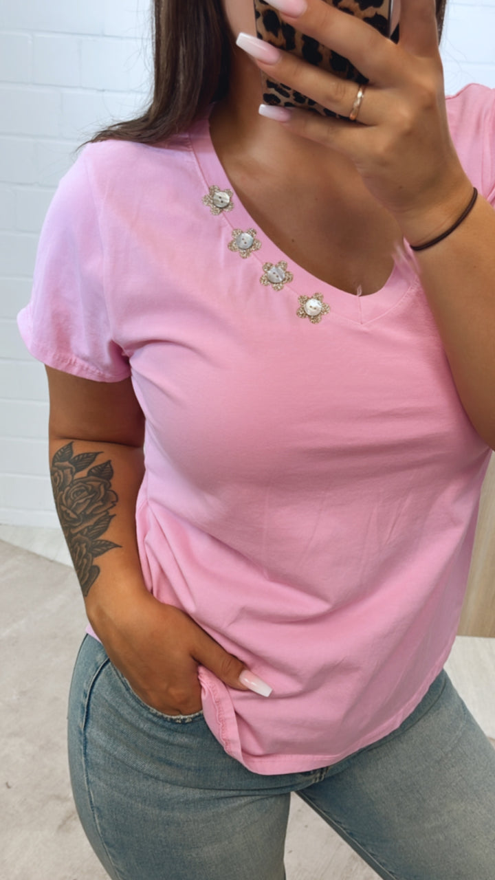 T-shirt mit Blumen Knöpfen / soft pink Art. 10872