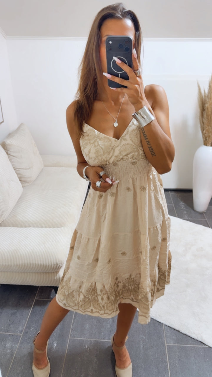 BESTICKTES Kleid mit verstellbarem Trägern / beige Art.15120