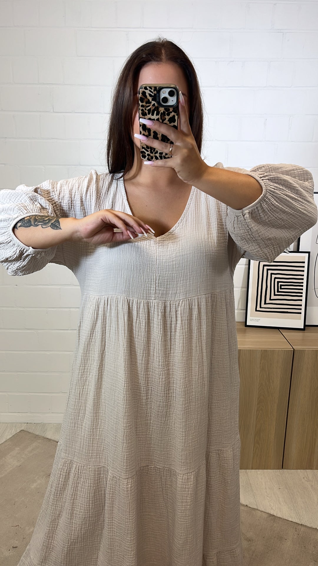 langes Musselin Kleid, Ärmel mit Gummibund / beige Art. 11222