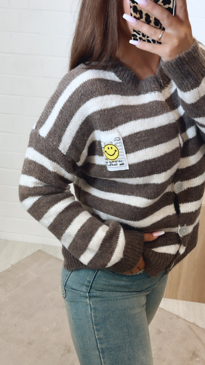 gestreifter Cardigan " Smiley " / taupe - creme Art. 11211
