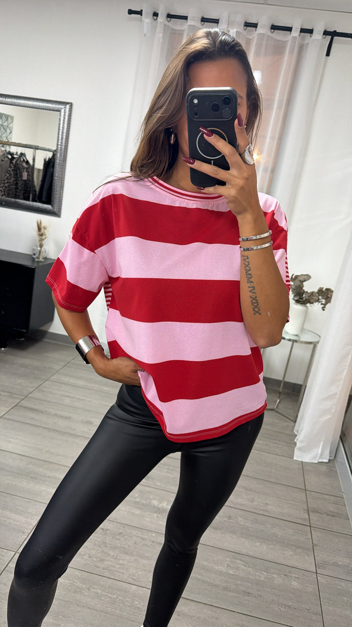 leichtes oversize T-shirt im Streifen Mix / rot - rosa Art. 16498