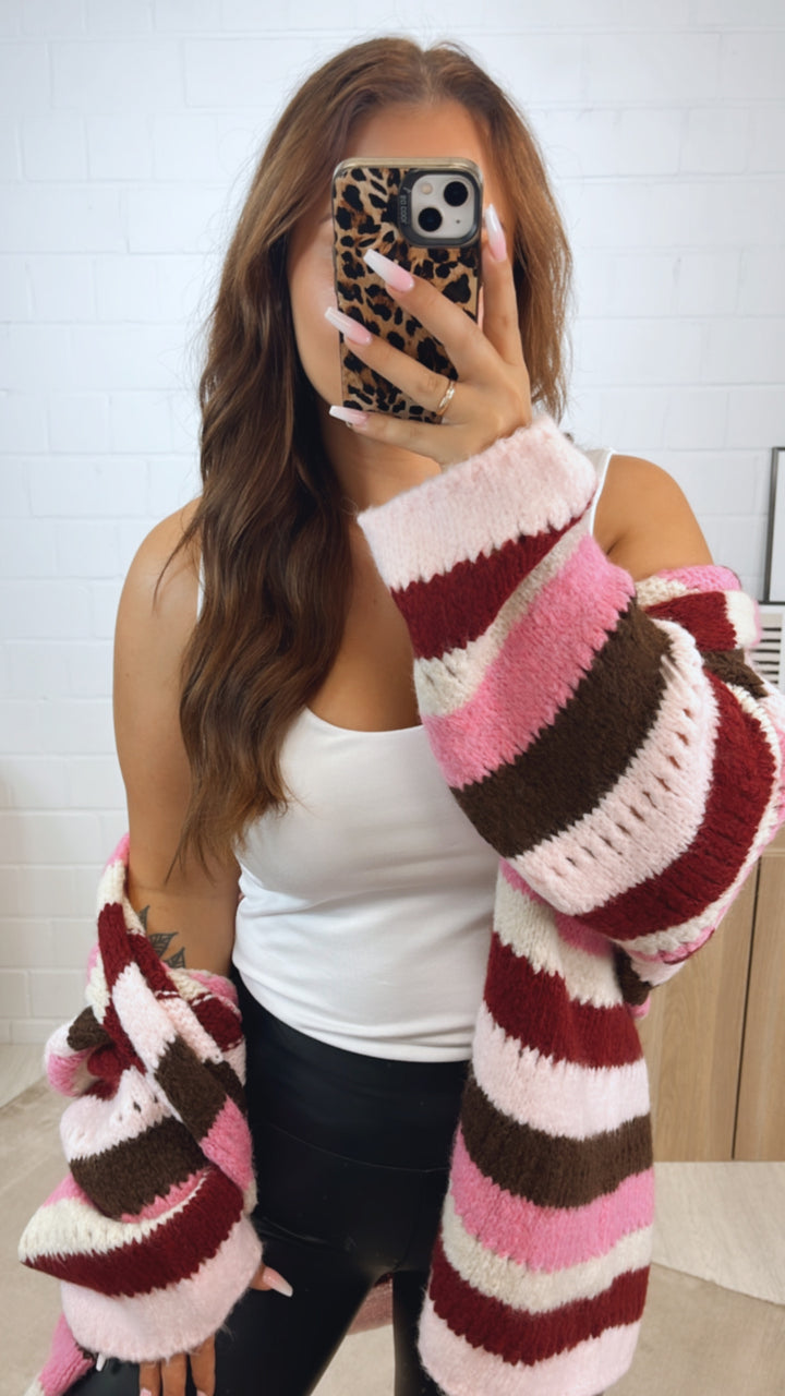 offener Cardigan mit Loch Strick Muster / braun - pink - rosa - weiss - rot Art. 12328