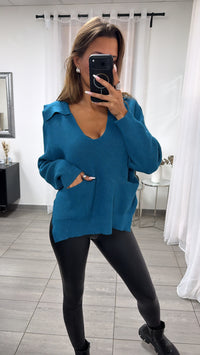 Strick Pullover mit tiefem Ausschnitt und Kragen / petrol Art.16378