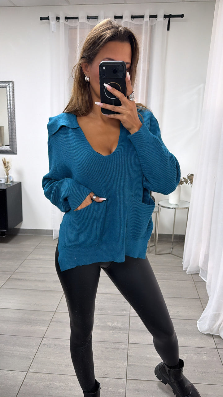 Strick Pullover mit tiefem Ausschnitt und Kragen / petrol Art.16378