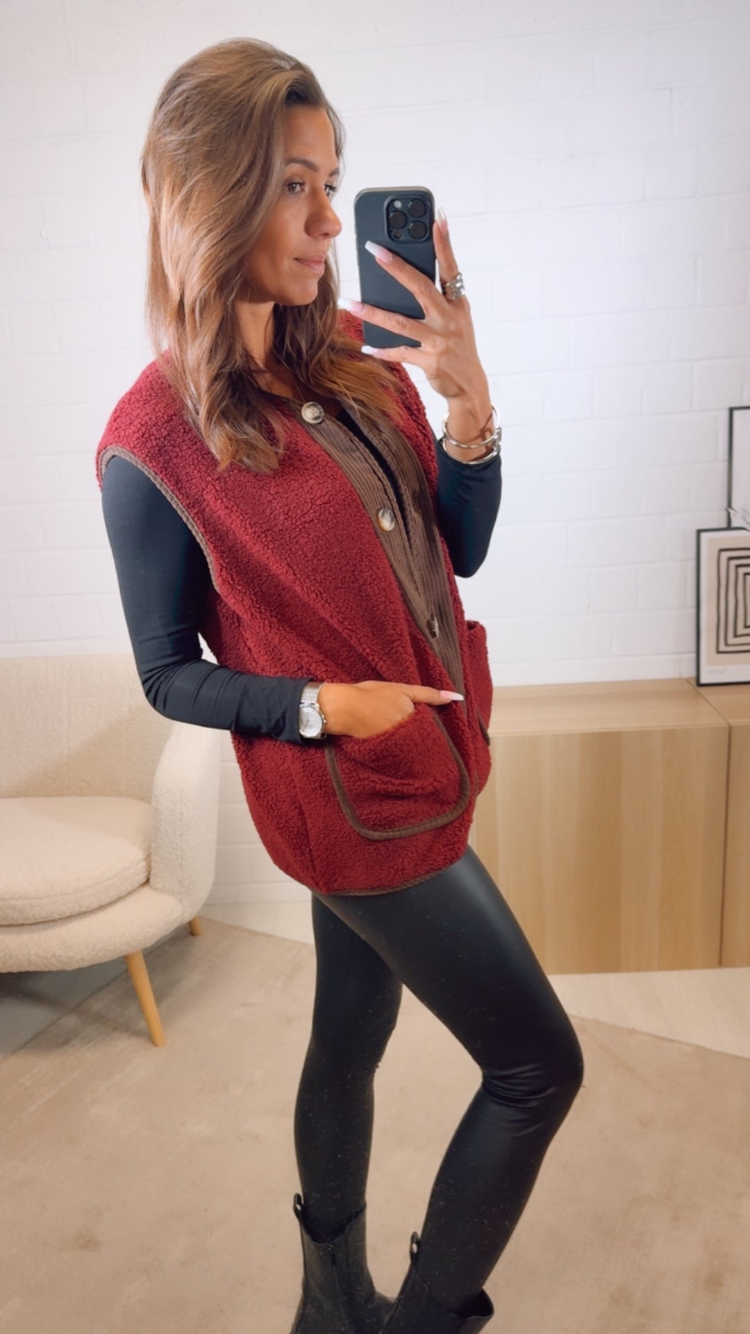 TEDDY Weste mit Cord Applikationen / bordeaux rot - dunkel braun Art. 13094