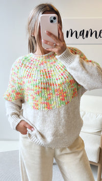 farbenfroher Strick Pullover - hochgeschlossen / beige - neon Art. 8823